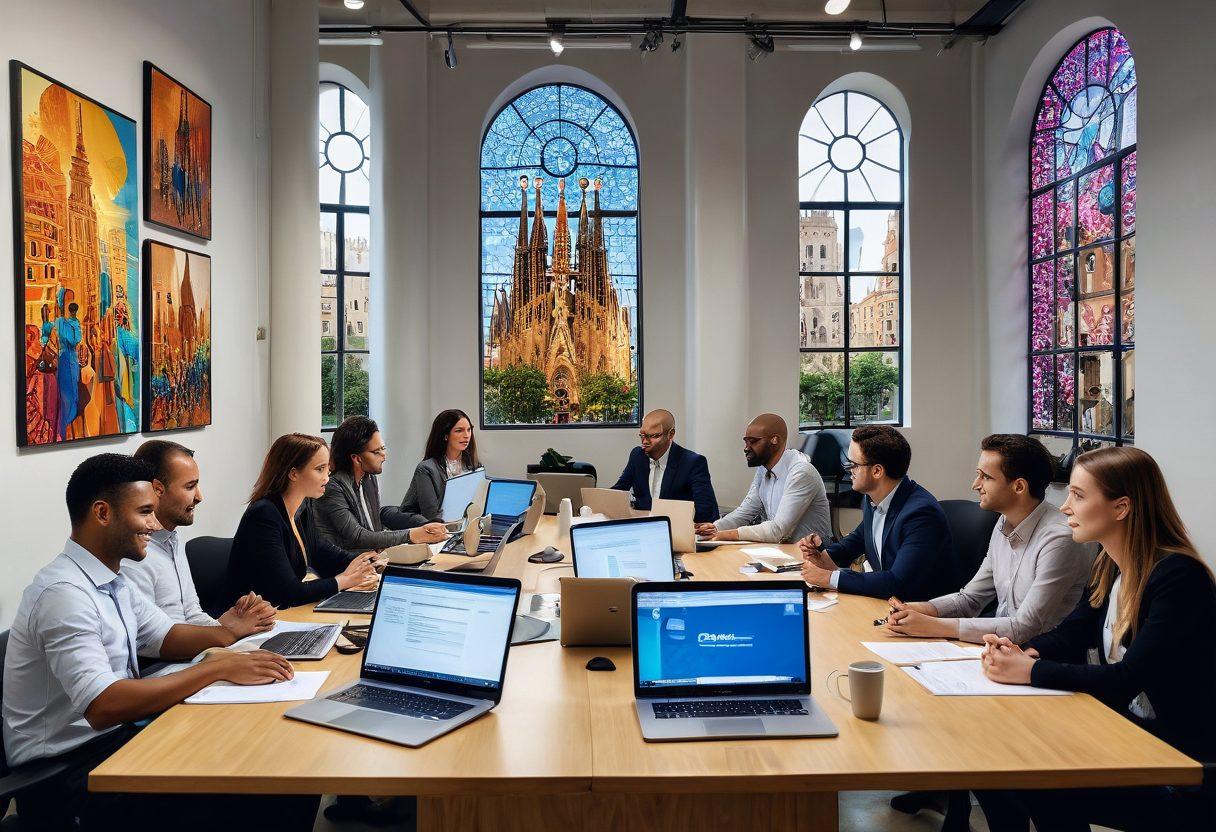 A vibrant scene depicting a diverse group of professionals collaborating in a modern office setting in Spain, with iconic landmarks like the Sagrada Familia in the background. Emphasize enthusiastic discussions and teamwork, highlighting cultural diversity and innovation. Include elements like laptops, documents, and recruitment ads. super-realistic. vibrant colors. urban background.