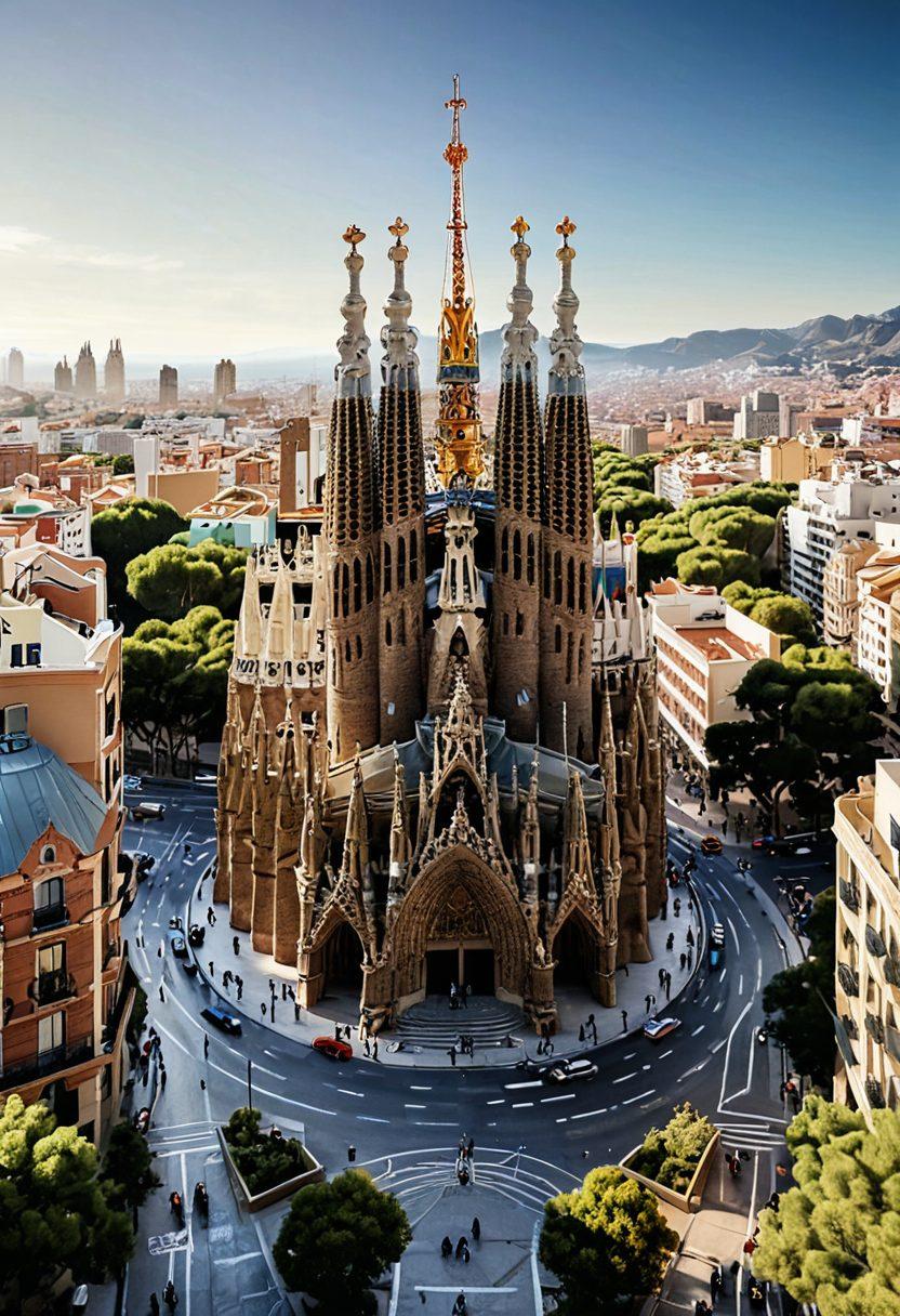 A visual representation of a seamless recruitment journey in Spain, featuring a timeline with key phases: talent sourcing, candidate screening, and job placement. Include diverse job seekers and recruiters interacting in a vibrant urban Spanish setting, with iconic landmarks like the Sagrada Familia in the background. Use a blend of warm and inviting colors to represent collaboration and diversity in the hiring process. super-realistic. vibrant colors. cityscape.