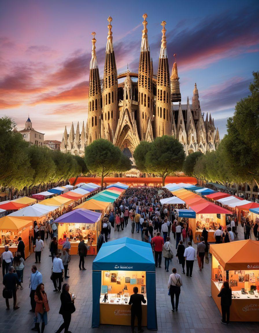 A dynamic scene displaying a job fair in Spain, showcasing diverse job seekers engaging with employers at booths. Capture the energy of networking with flags representing Spain, and visual elements like resumes and business cards floating around. Include a backdrop of famous Spanish landmarks to establish the location. super-realistic. vibrant colors. 3D.